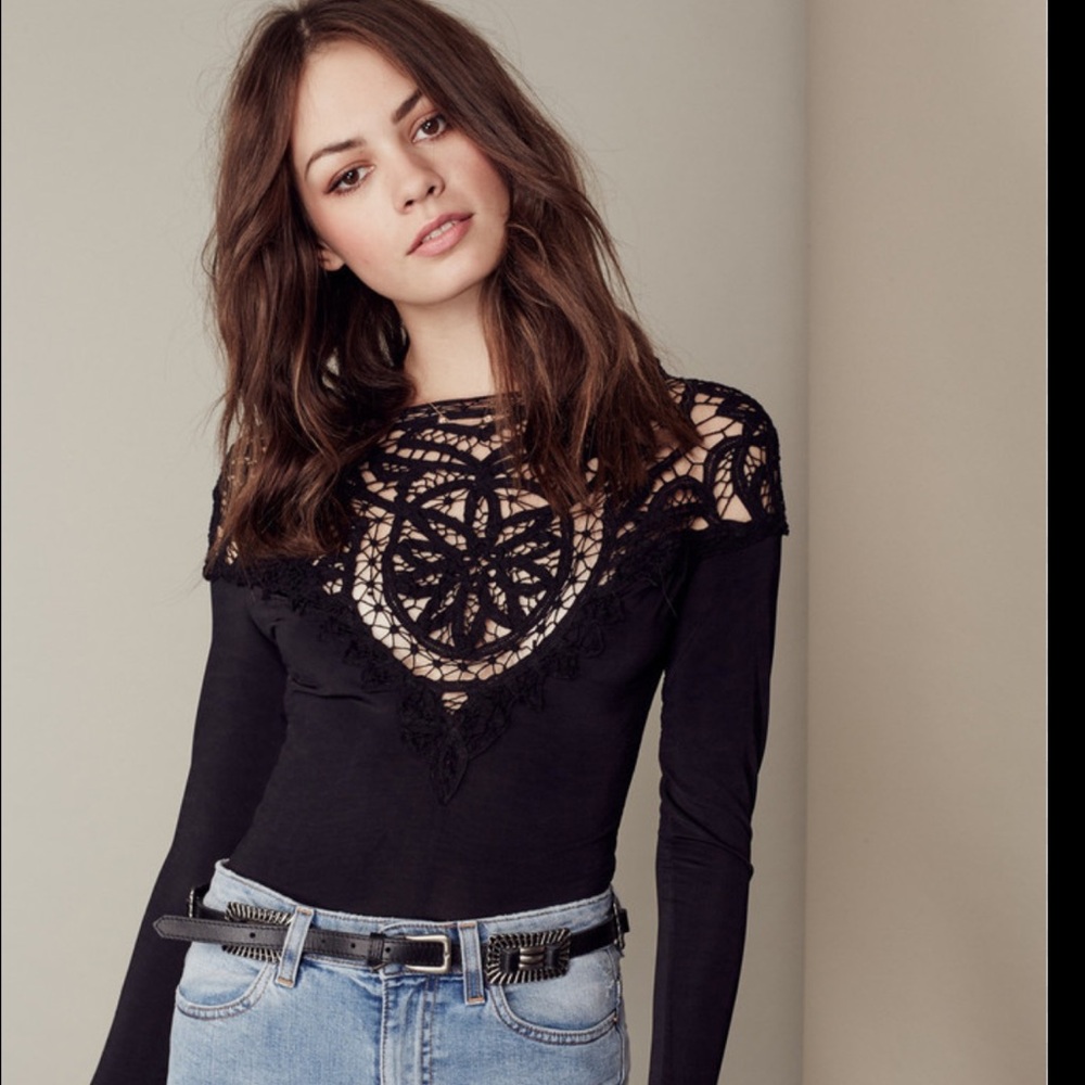For Love And Lemons Black Long Sleeve Cropped Bodysuit with Lace Detail